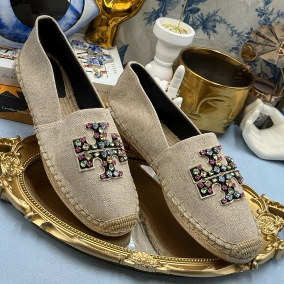 🆕 TORY BURCH 🧿 NWOB Ines Linen & Leather Bejewelled Espadrilles - Sz 10 M - Picture 5 of 13
